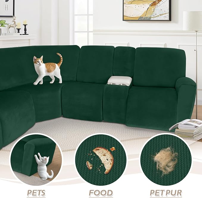Arfntevss Sectional Recliner Couch Covers Velvet Washable Corner Sectional Sofa Cover for Reclining Stretch Soft Thick L Shape Recliner Slipcover Set (5 Seat with 1 Console Cover, Dark Green)
