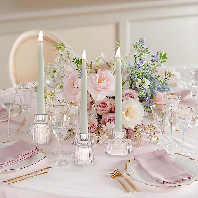 Double Sided Vintage Ribbed Taper Glass Candle Holders,Tea Candle Holder for Table Centerpieces, Wedding Decorations and Dinner Parties (Clear, 3 PCS)