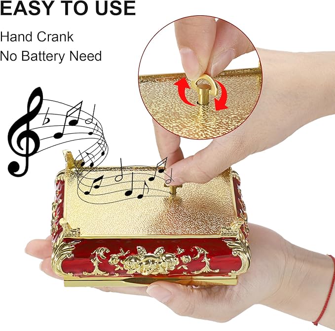 ELLDOO Vintage Music Box, Gold Metal Musical Jewelry Box Keepsake Box, Small Trinket Jewelry Storage Box Gift for Girl Women (Tune: You are My Sunshine), Red