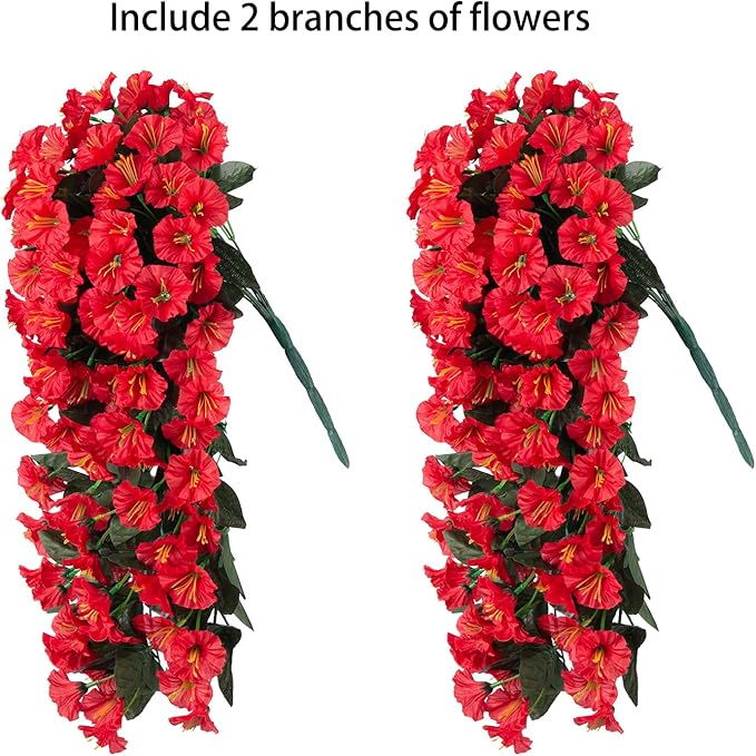 Artificial Fall Faux Hanging Flowers Plants for Outdoor Outside, 2 PCS Fake Silk Red Morning Glory Long Vines UV Resistant Realistic for Home Porch Patio Balcony Planter Decoration