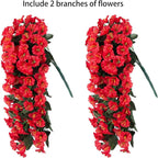 Artificial Fake Hanging Flowers Plants for Outdoor Outside Decoration, 2PCS Faux Silk UV Resistant Look Real Red Morning Glory Trailing Vines for Home Planter Wedding Party Garden Patio Porch