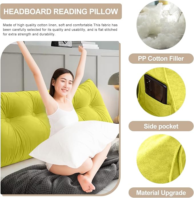 Large Triangular Headboard Pillows Long Backrest Positioning Support Bolster Cushion for Daybed Fluffy Quality Plush Body Wedge Pillow with Removable Cover(Yellow Green-King-76x8x20in)