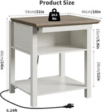 Rresyet Sliding Side Table Set of 2 with Charging Station & 2-Tier Storage,Farmhouse End Table, Wooden Nightstand for Bedroom & Living Room,White