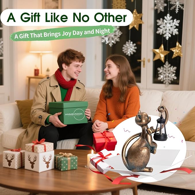 WHIMSYNOOK 10.7" Bronze Cat Solar Garden Statue Light – Cute Kitty Design, Bronze Finish, Solar-Powered LED, Outdoor Yard & Lawn Décor, for Cat Lovers, Mom, and Garden Enthusiasts