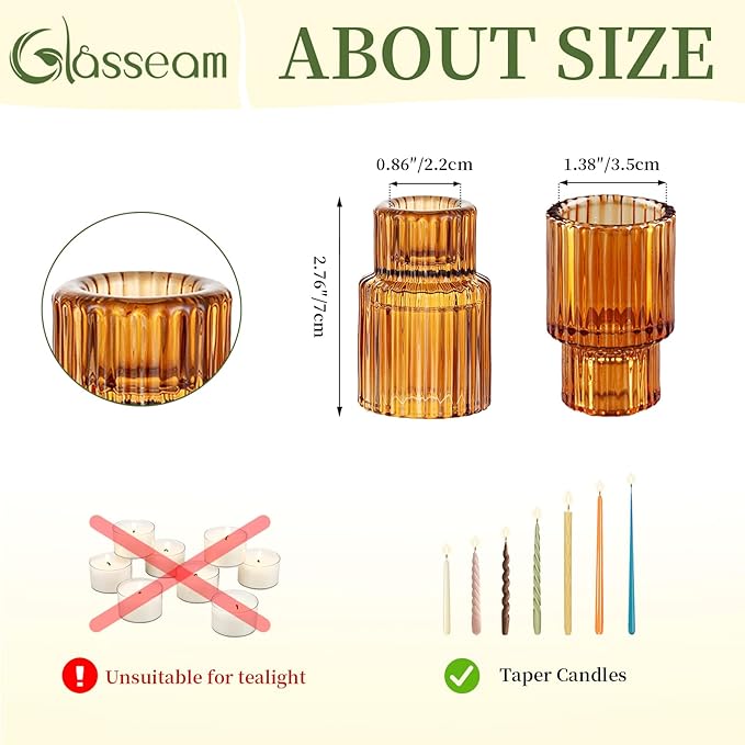 Glasseam Glass Candle Holders for Candlesticks: 10PCS Small Amber Candle Stick Holder Decor Ribbed Taper Candle Holder for Table Centerpiece Fall Candle Holders for Christmas Halloween Thanksgiving