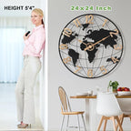 24 Inch Large Wall Clock for Living Room Decor,Big Modern Decorative Silent Metal World Map Wall Clock with Vintage Gold Arabic Numeral for Office,Living Room,Kitchen,Dining Room