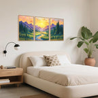HPNIUB Vintage Mountain Framed Canvas Wall Art Set, Boho Sunrise Art Prints, Forest Nature Wilderness Art Paintings, Modern Farmhouse Pine Tree Wall Decor for Living Room Bedroom, Office- 16"x24"x3