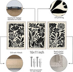 Abstract Floral Botanical Wall Art 16x11 Inch 3 Piece Black Vintage Boho Plant Flower Minimalist Wood Frame Sign Home Living Room Family Office Mid Century Print Wall Hanging Decor (White)