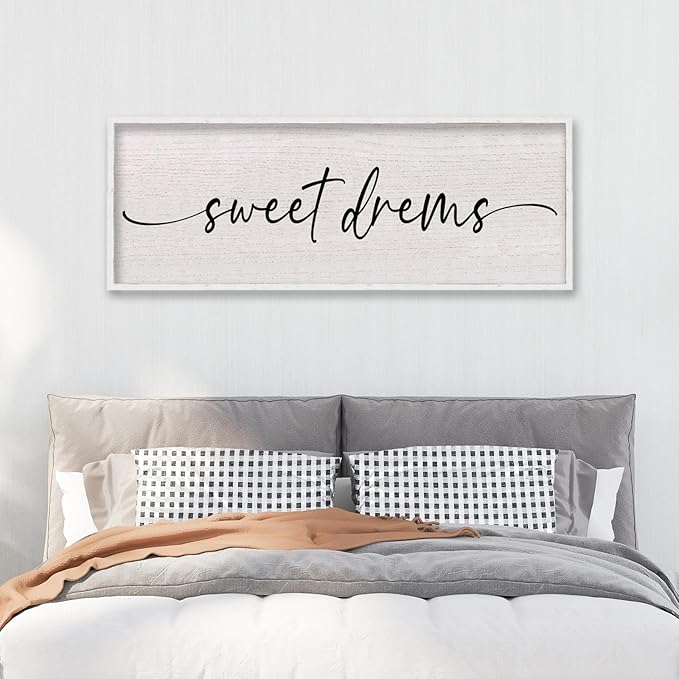 LuZhiQiang Sweet Dreams Sign Wall Decor Above Over Bed 40" x 15" Large Wood Framed for Guest Room Master Bedroom Hanging Wall Art (White)