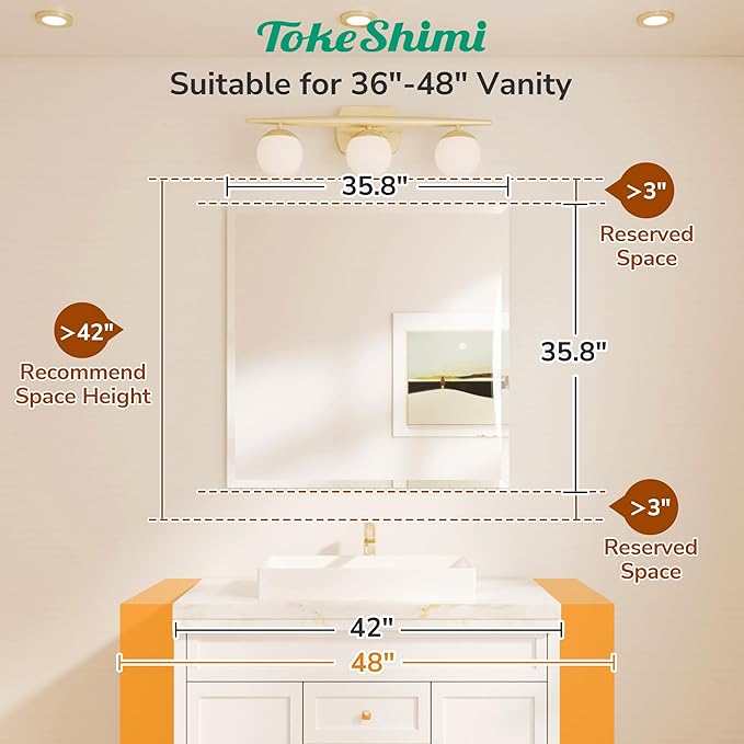 TokeShimi 36x36 Beveled Mirror Frameless Tempered, Rectangle Bathroom Mirror with 1" Beveled Edge, Shatterproof Bathroom Vanity Mirrored Wall Mounted for Living Room, Entryway, Restroom