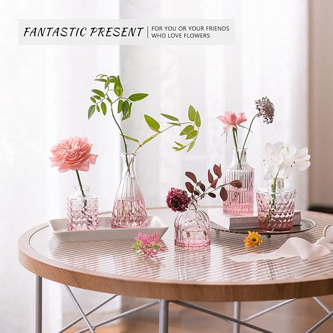 12Pcs Glass Bud Vase Set, Small Flower Vase for Centerpieces, Pink Bud Vases in Bulk, Mini Vintage Vase for Rustic Wedding Decorations
