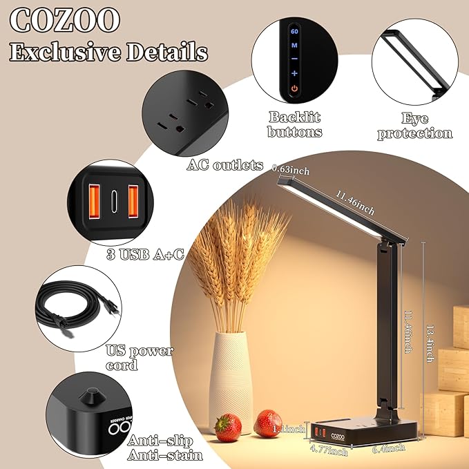 COZOO LED Desk Lamp with 3 USB Charging Ports,2 AC Outlet,3 Color Modes 3 Brightness Levels,Touch/Memory/Timer Function,Eye-Caring Home Office Foldable Natural Light Task Lamp for Reading,Study,Crafts