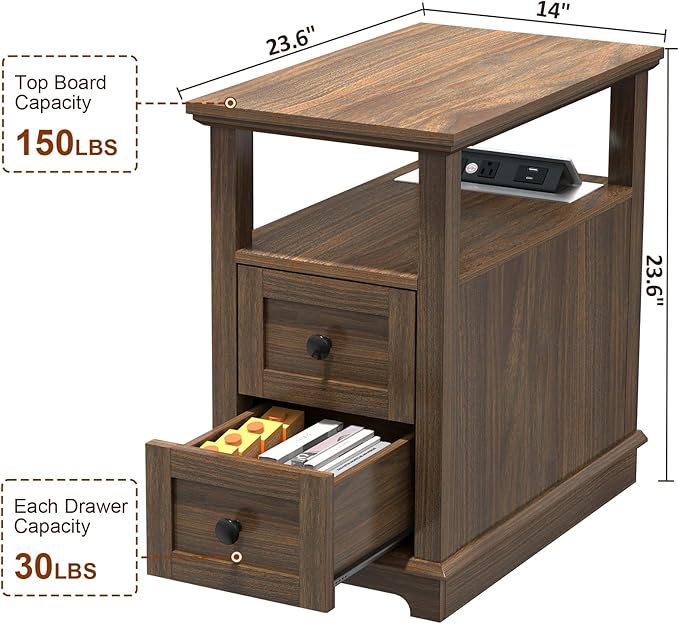 HIFYOBRO Narrow End Table with Flip Top Charging Station and 2 Drawers, Type-C & USB Port & Power outlets, Wooden Storage Cabinet, Side Table with Storage for Living Room and Bedroom