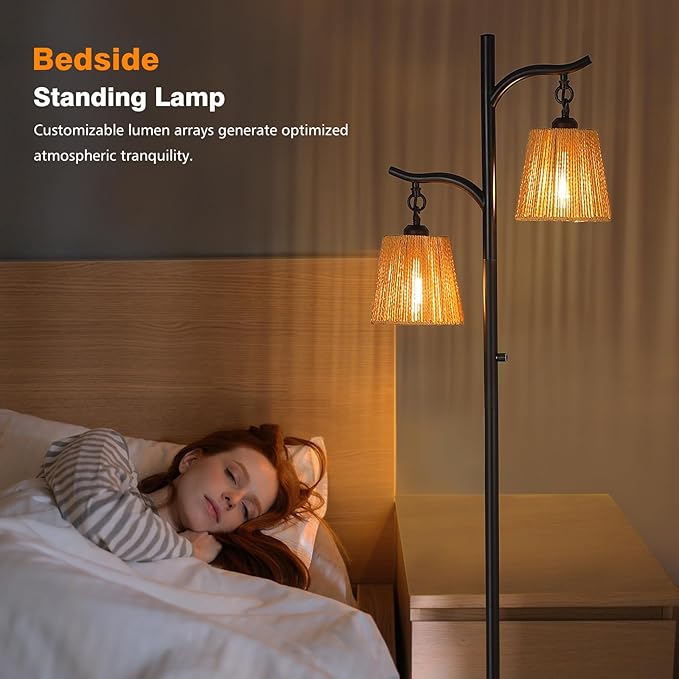 9MMML Rattan Floor Lamp for Living Room, Boho Floor Lamp with 2 Hanging Wicker Lamp Shade, 67'' Farmhouse Dimmable Black Standing Lamp with Rotary Switch for Bedroom, 2 x 800LM LED Bulbs Included