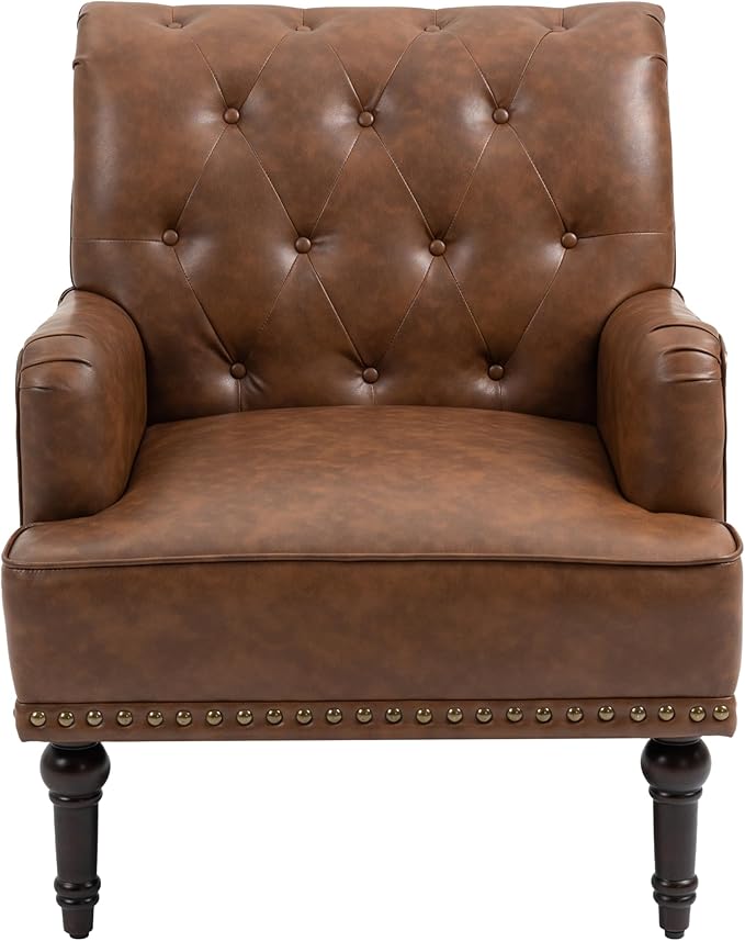 UIXE PU Leather Accent Chair, Modern Upholstered Armchair for Living Room, Comfy Arm Chair Single Sofa Reading Seat with Wooden Legs for Office Home Bedroom - Brown