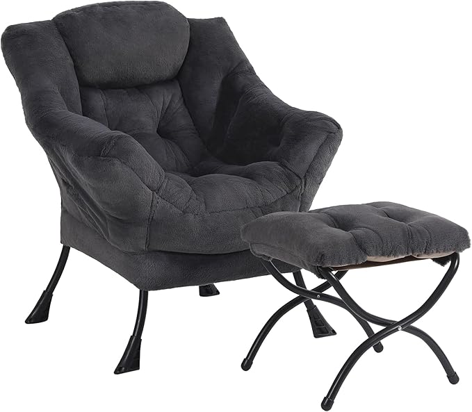 Plush Lazy Chair and Ottoman, Large Contemporary Accent Lounge Chair with Armrests and a Side Pocket, Modern Leisure Upholstered Sofa Reading Armchair with Footrest for Bedroom, Living Room