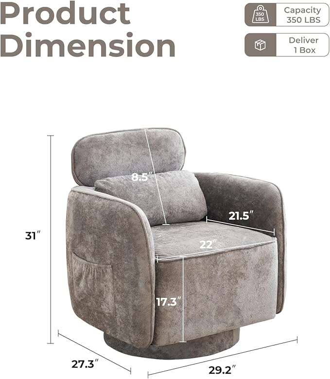 Modern 360°Swivel Accent Chair Set of 2 with Adjustable Headrest, Round Swivel Barrel Chairs with Lumbar Pillow, Vanity Chair for Makeup, Comfy Living Room Armchair for Living Room, Bedroom, Grey