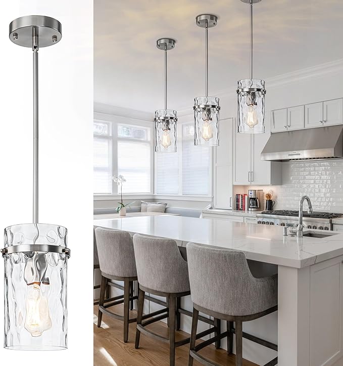 Nickel Hammered Hand-Blown Glass Pendant Light, Pendant Lights Kitchen Island Brush Nickel Pendant Light Fixtures over Island Modern Kitchen Island Lighting Dining Light Fixture Bedroom Foyer 1 Pack
