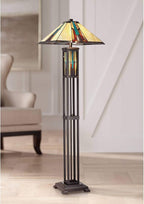 Robert Louis Tiffany Ranier Mission Tiffany Style Standing Floor Lamp with Night Light LED 59.5" Tall Bronze Copper Multicolored Stained Art Glass Shade Decor for Living Room Reading House Bedroom