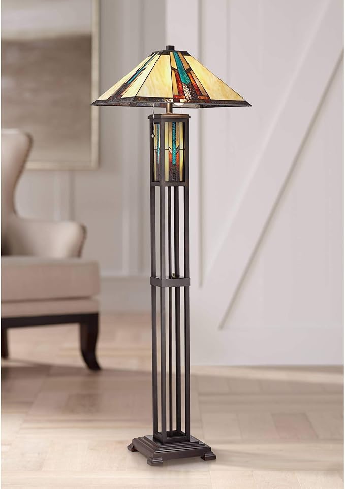 Robert Louis Tiffany Ranier Mission Tiffany Style Standing Floor Lamp with Night Light LED 59.5" Tall Bronze Copper Multicolored Stained Art Glass Shade Decor for Living Room Reading House Bedroom