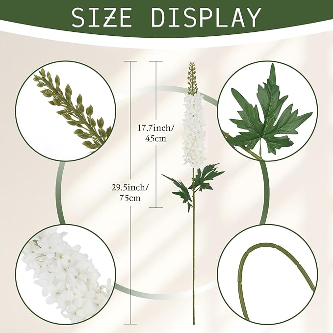 White Delphinium Artificial Flowers,6PCS Larkspur Silk Fake Flowers 29.5" Long Stem Faux Hyacinth Flowers for Tall Vase Wedding Home Garden Decor (White)