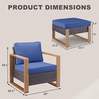 Outdoor Wicker Patio Furniture Set - 4 Piece Patio Conversation Set with 2 Wicker Armrest Chairs,2 Rattan Ottoman, Sturdy Frame, Thick Cushions, Deep Seating(Brown/Blue)