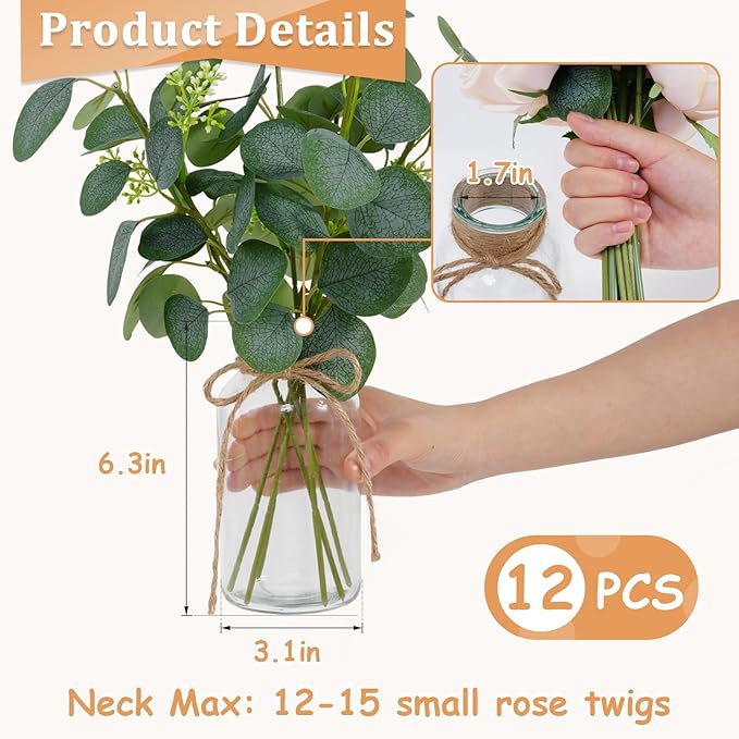 Vintage Glass Vases for Flowers, Set of 12 Clear Vases for Farmhouse Wedding Centerpiece Cylinder Bottle for Reception Table Decoration Home Decor Floral Arrangements