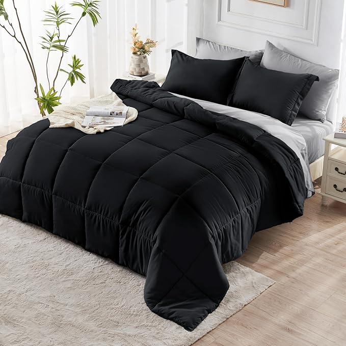 JOLLYVOGUE Queen Comforter Set, Ultra-Soft Bed in a Bag Queen Size 7 Pieces, Oeko-TEX Certified Bedding Set with Down Alternative Comforter, Sheets, Pillowcases & Shams, Black & Light Grey