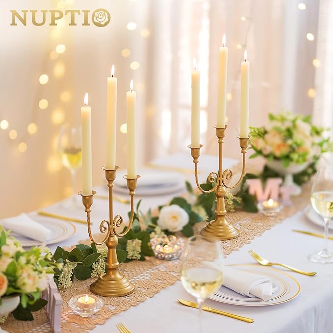 NUPTIO Candlestick Holders Candelabras Gold Candle Stick Stands 2 Pcs Metal Candelabra Centerpieces Candlestick Holders for Tapered Candles Wedding Birthday Party Dining Table Christmas Decoration 11"