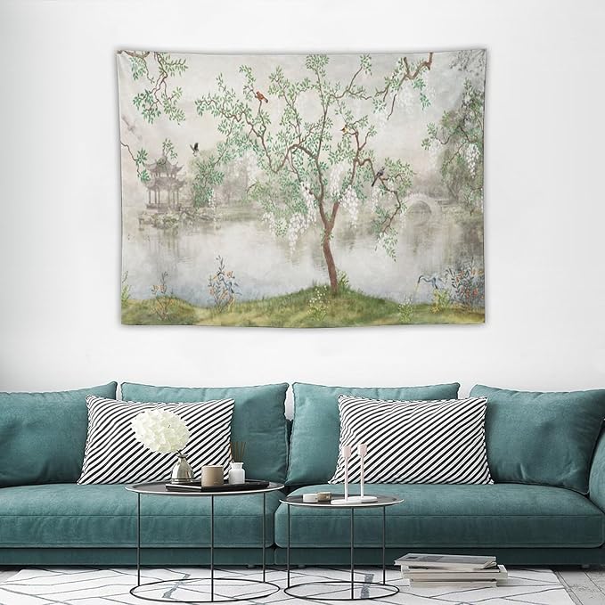 HZOHNAGO Japanese Tapestry Tree Misty Garden Lake Printed Wall Tapestry Ink Painting Wall Hanging for Bedroom Living Room Dorm 40" W x 30" H