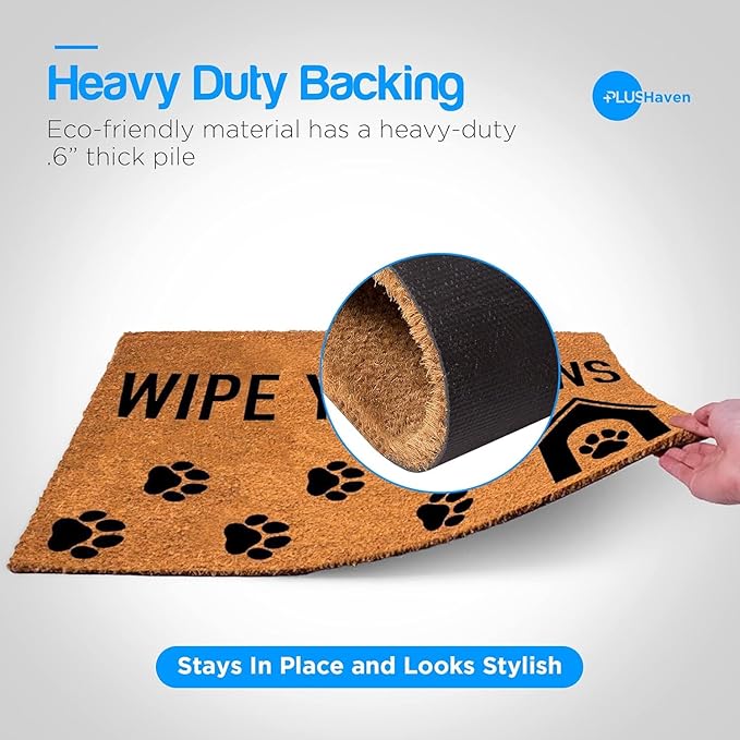 PLUS Haven Coco Coir Door Mat with Heavy Duty Backing, Natural Wipe Your Paws Doormat, 17.5”x30” for Entrance, Front Porch, Easy to Clean Entry Mat, Outdoor and Indoor Uses, Home Decor