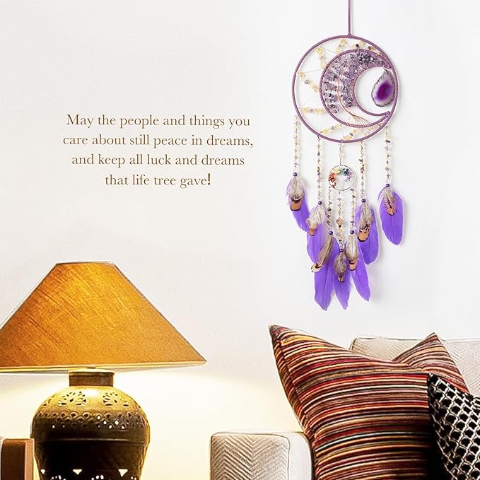 7 Chakras Agates Dream Catchers Moon Tree of Life Dream Catcher Violet Feather Dreamcatcher Wall Decor with Healing Crystal Stone Wall Art Hanging for Bedroom Home Decor Bless Gift Wedding Garden
