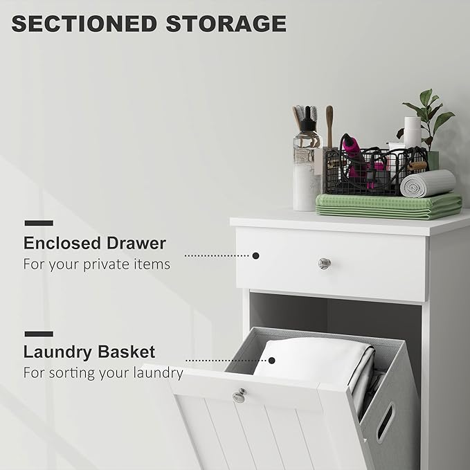 HOMCOM Laundry Hamper with Removable Basket, Tilt Out Hamper with Drawer and Beadboard Door, Bathroom Storage Cabinet, White