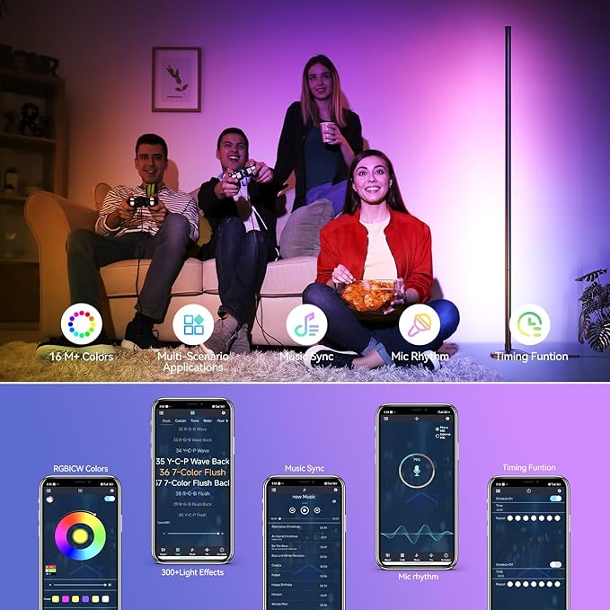SUNMORY RGB LED Floor Lamp, 57" Corner Lamp with 80+ Scene & Timer, Smart Modern Ambient Lighting with Music Sync & 16 Million Colors, Remote & App Floor Lamps for Living Room, Gaming Room, Bedrooms