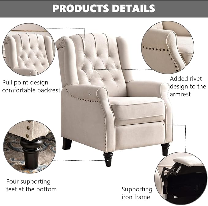 CANMOV Push Back Recliner Chair Set of 2, Elizabeth Fabric Recliner with Tufted Back Home Theater Seating w/Padded Seat and Nailhead Trim, Wooden Legs, Adjustable Single Sofa，White