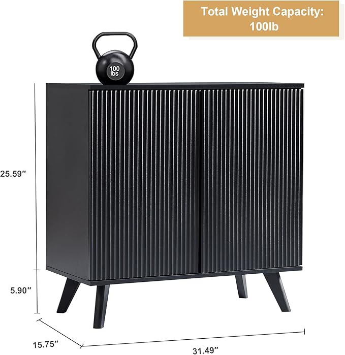 Modern Sideboard Buffet Cabinet Console Table, Accent Storage Cabinets Credenza Buffer Cabinet with 4 Fluted Doors for Kitchen Dining Living Room Entryway(Black)