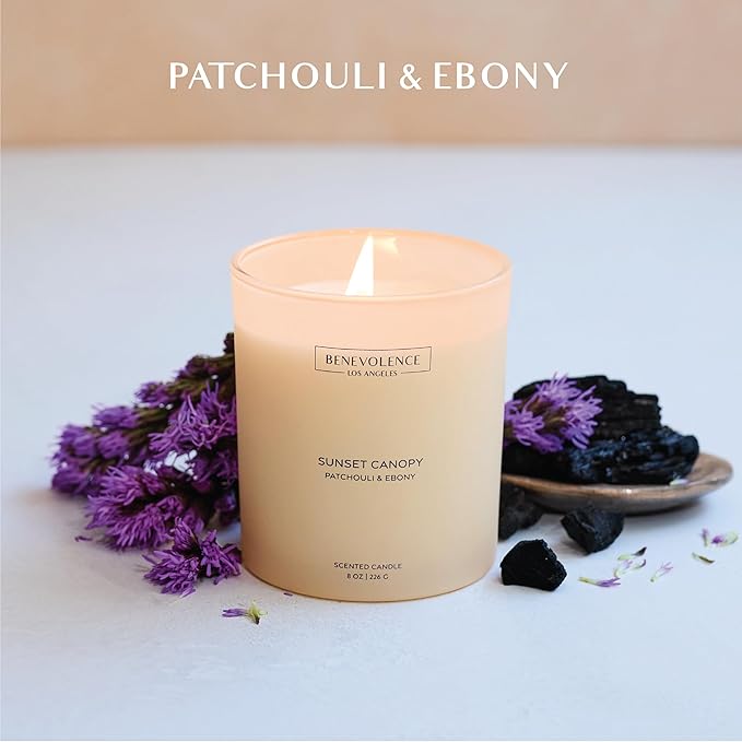 Patchouli & Ebony – Benevolence LA Scented Candle | 8oz, 45-Hour Burn | Natural Soy Wax, Cotton Wick | Warm & Grounding Home Fragrance | Malibu Sands Collection – Gift for Women & Men