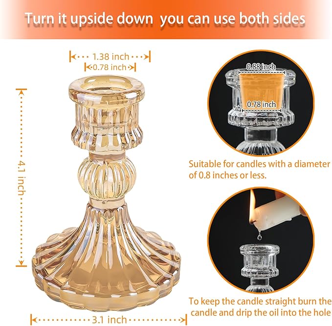 Glass Candlestick Holder,Striped Taper Candle Holders,Set of 6 Candle Stand for Table Centerpieces, Home Decor,Weddings,Festival and Parties (Amber Stripe Pattern)