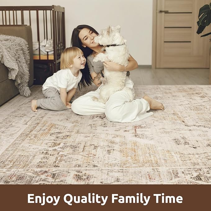 AMOAMI-Area Rug 6X9 Rugs for Living Room-Vintage Soft Beige Rugs for Bedroom-Non Slip Carpet-Machine Washable Rug for Dining Room Living Room Bedroom Office Under Table