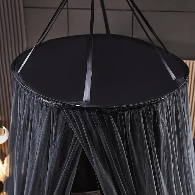 Kertnic Luxurious Bed Canopy for Girls & Adults - Double Layer Princess Canopy with Lace, Round Dome Mosquito Netting for Queen/King Bed Tent (Black)