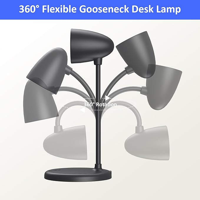 LED Desk Lamp for Home Office,3 Light Colors,Flexible Gooseneck Table Lamp,Dimmable Reading Light for Bedside Small Desk Lamp for College Dorm Room,Bedroom Desk Light,Black