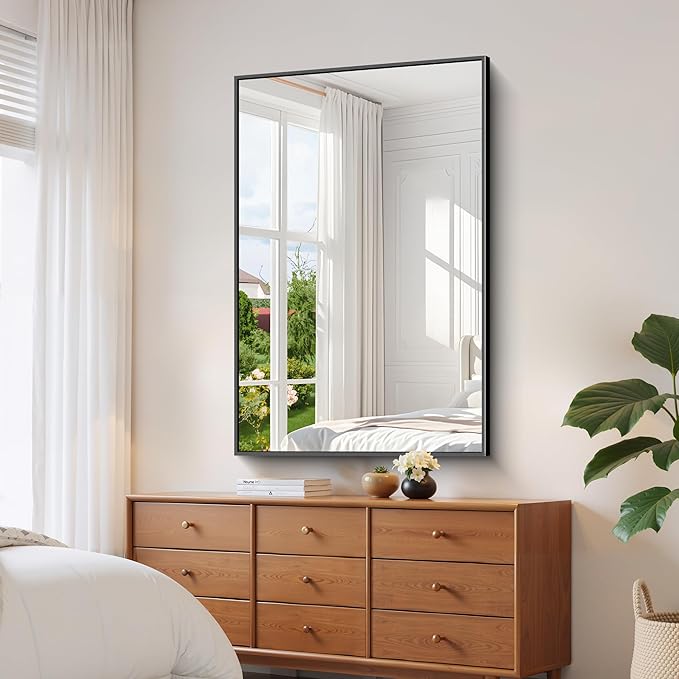 YIROMAN Bathroom Mirror 55"x36", Large Matte Black Bathroom Mirror for Over Sink with Aluminum Frame, Rectangular Vanity Mirror with Right Angle, Wall Mirror Hangs Horizontal or Vertical, Shatterproof