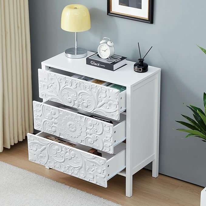 White 3 Drawer Dresser Set of 2, Wide Dresser Chest with 6 Drawers, Accent Nightstand Cabinet Luxury Carving Bedside Table for Bedroom Hallway Living Room Entryway Office (2, White)