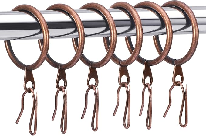 Hotop 30 Pcs Metal Drapery Curtain Rings 0.98/1.26/1.65 inch Interior Diameter and 30 Pcs Hanging Curtain Drapery Pin Hooks for Window Door Shower(32 mm,Red Bronze)