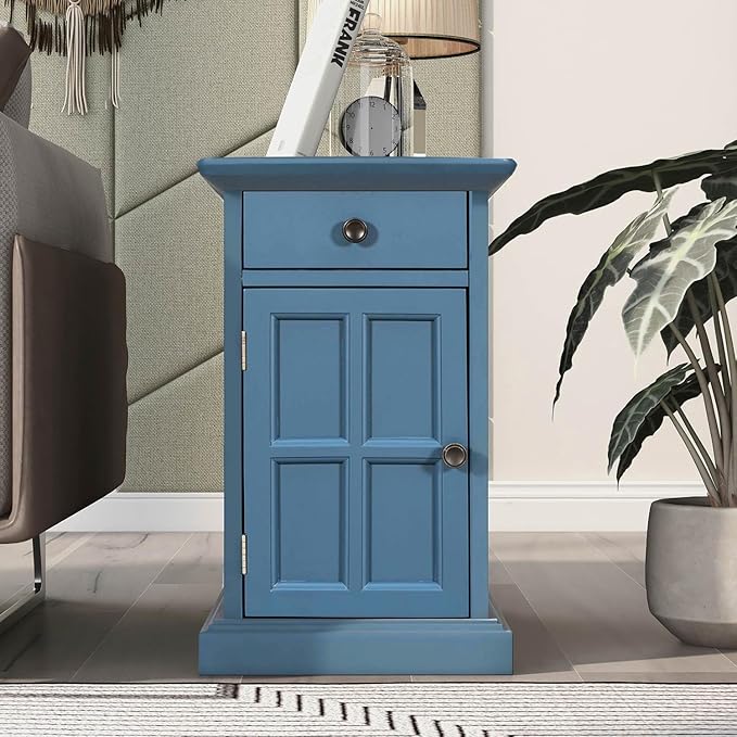 Traditional Wooden Narrow End Table with Charging Station, Modern Vintage Sofa Side Table Storage and Multifunctional Drawer, Antique Navy for Living Room, Bedroom, Office, No Assembly
