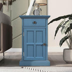 Traditional Wooden Narrow End Table with Charging Station, Modern Vintage Sofa Side Table Storage and Multifunctional Drawer, Antique Navy for Living Room, Bedroom, Office, No Assembly