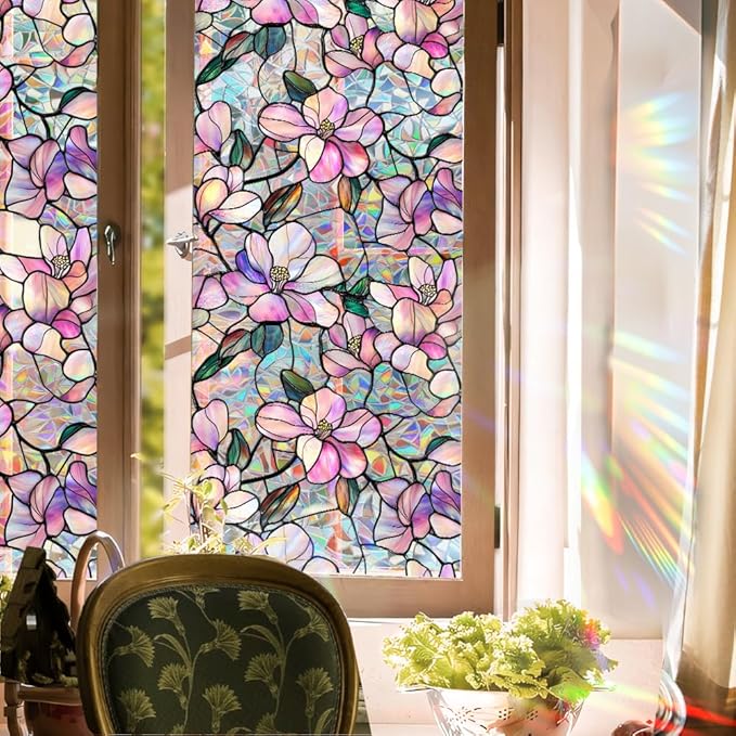 Decorative Orchid Flower Stained Static Glass Window Clings Stickers for Home Office Living Room Bedroom Glass Windows Door Decor 16.93 x 39.37 Inches