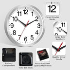 14 Inch Wall Clock Modern Battery Operated Silent Non Ticking Analog Clock Decorative for Bedroom Kitchen Bathroom Office Home Living Room (Silver)