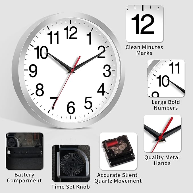 Wall Clock Modern 10 Inch Battery Operated Silent Non Ticking Analog Clock Decorative for Bedroom Kitchen Bathroom Office Home Living Room (Silver)