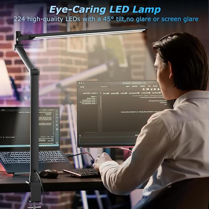 LED Desk Lamp for Home Office, Eye Caring Architect Desk Light with Remote, Dual Screen Computer Monitor Light with Stepless Dimming, Stepless Color Temp, Memory Function for Study, Dark Black